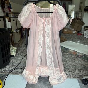 Vintage Pink and Lace Sheer Peignoir Negligee Dressing Gown